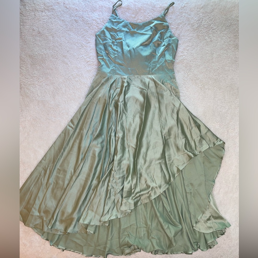 Lulus Days Like Today Sage Green Satin Asymmetrical Tie-Back Midi Dress - Picture 2 of 9